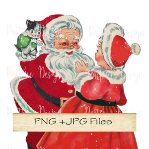 Clip art vintage de Papai Noel e Sra. Noel, Papai Noel e Sra. Noel para impressão, Papai Noel e Sra. Noel com gatinho, clipart de Natal, Papai Noel Sra.