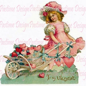 Vintage Valentijn, Valentine clipart, hart afdrukbare, instant download, hart glinsterende clip art Valentine digitaal, hou van illustraties, meisje met kar van harten