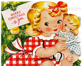 Vintage Weihnachten, 1950er Jahre Vintage Bild, Sofort Download, Kleines Mädchen und Puppe, Weihnachten Ephemera, Druckbares Weihnachtsbild, Digitales Weihnachtsbild