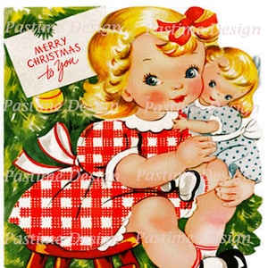 Vintage Christmas,1950s vintage image,Instant download, Little girl and doll,Christmas Ephemera,Printable xmas image,Digital Christmas image