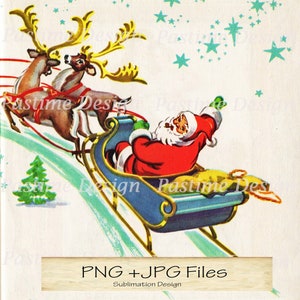 image vintage du Père Noël, carte de Noël vintage, image de Noël vintage imprimable, téléchargement instantané, Père Noël avec rennes et traîneau, Père Noël numérique