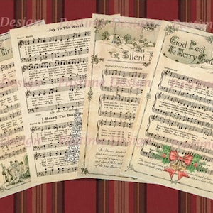 Hojas de villancicos antiguos, descarga instantánea, cuatro hojas de himnos navideños, efímeras musicales antiguas, partituras de música navideña, álbum de recortes, diario