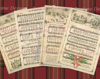 Vintage Christmas Carol Sheets,instant download,Four Christmas hymn sheets,vintage music Ephemera,Christmas music sheet,scrapbook,journaling
