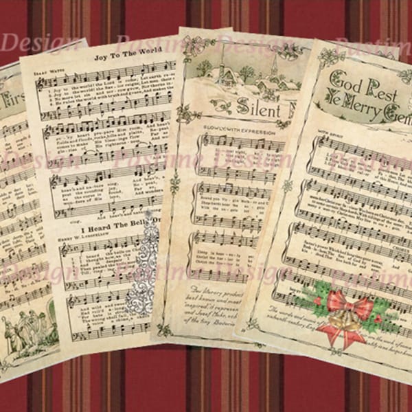 Vintage Christmas Carol Sheets,instant download,Four Christmas hymn sheets,vintage music Ephemera,Christmas music sheet,scrapbook,journaling