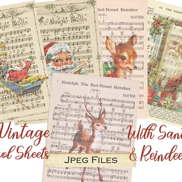 Vintage Christmas Carol Sheets,Digital download,Christmas music sheets,vintage music Ephemera,Christmas carol sheets with Santa and Reindeer