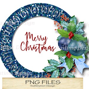 Guirlande de Noël bleu scintillant avec boules PNG, clipart couronne, décoration de Noël, numérique de Noël, couronne de paillettes Sublimation