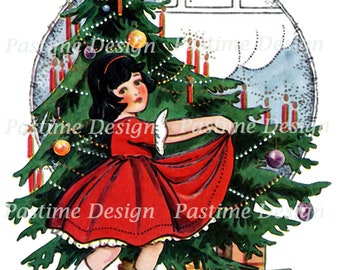 Vintage Christmas,1950s vintage,Instant download, Little girl and Christmas tree,Christmas Ephemera,Printable image,Digital Christmas image