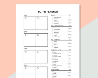 Planificador de ropa de viaje, imprimible, tamaño carta, descarga instantánea en PDF