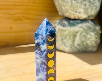 Lapis Lazuli obelisk crystal with Gold moon phases