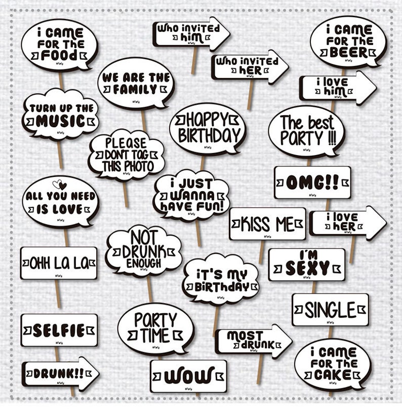 Party Games Instant Download Props Diy Birthday Bubble Speech Birthday Party Black And White High Resolution 26 Photo Booth Props Printable Paper Party Supplies