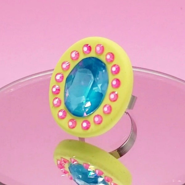 Neon Lime Green Blue Fuchsia Crystal Statement Cocktail Ring