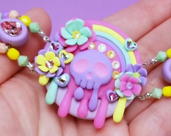 Pastel Kawaii Harajuku Rainbow Skull Crystal Choker Necklace