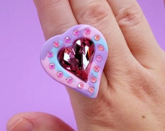 Pink Heart Magical Girl Pastel Crystal Statement Cocktail Ring