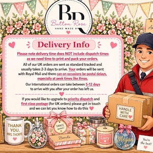 May include: An illustration featuring a delivery person holding a package labeled "Handle with Care." The image includes various gift boxes, a mug with text, and a decorative perfume bottle. Text on the image includes "Delivery Info" and "Button Rose, Hand Made By."