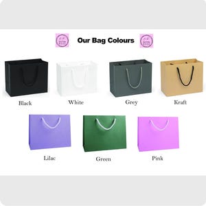 Pode incluir: Apresenta&ccedil;&atilde;o de oito sacolas de papel coloridas, incluindo preto, branco, cinza, kraft, lil&aacute;s, verde e rosa. Cada sacola tem uma al&ccedil;a correspondente. O texto "Our Bag Colours" tamb&eacute;m &eacute; vis&iacute;vel.