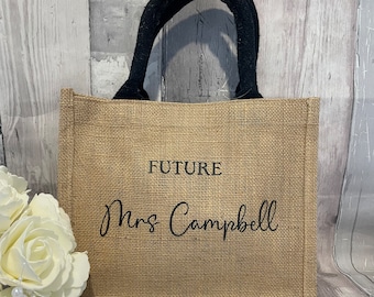 Personalised Future Mrs Hessian Jute / Tote Bag, Bride to be Tote Bag, Bride Jute Bag, Miss to Mrs Hessian Bag, Shopping Bag, Hen Party Bag