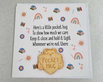 First Day School Gift: Wooden Pocket Hug with Card
