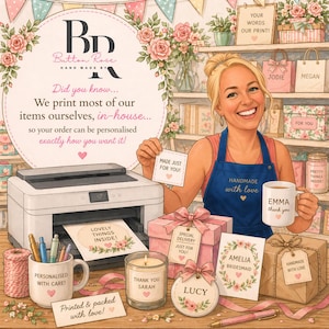 May include: An illustration of a woman smiling, surrounded by personalized gifts and stationery. The image includes a printer, mugs, gift boxes, and cards with text like "Handmade with love" and "Made just for you!" The overall theme is personalized gifts.