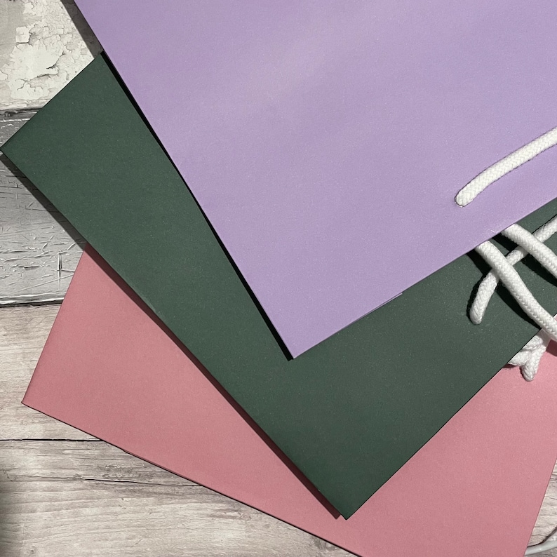 May include: Three paper gift bags in shades of purple, green, and pink are layered on a wooden surface. White rope handles are visible on the purple bag. The bags are arranged at angles, creating a visually appealing composition.