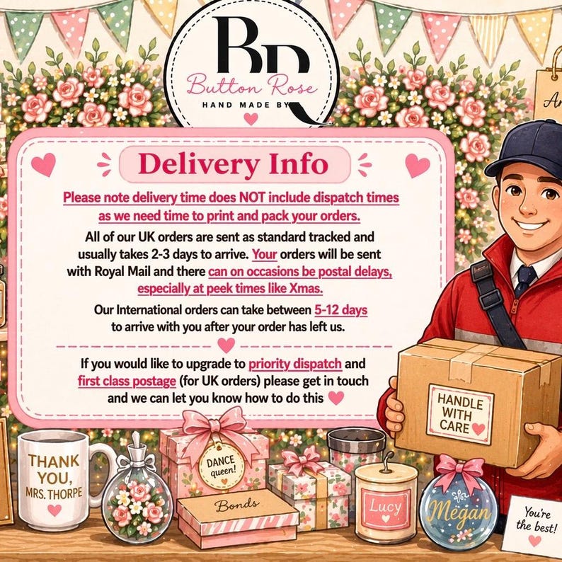 May include: An illustration featuring a delivery person holding a package labeled "Handle with Care." The image includes various gift boxes, a mug that says "Thank You, Mrs. Thorpe," and a perfume bottle with flowers. Text includes "Delivery Info."