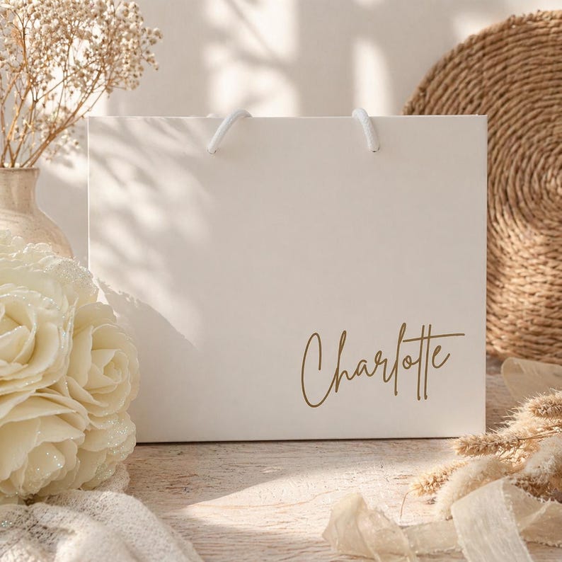 May include: A cream-colored gift bag with white rope handles. The name "Charlotte" is written in a gold script font on the front of the bag. The bag is sitting on a wooden surface with decorative flowers and dried plants.