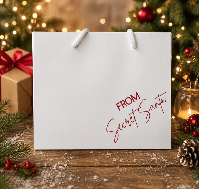 May include: A white gift bag with white rope handles. The words "FROM Secret Santa" are printed in red script on the front. The bag is on a wooden surface with Christmas decorations in the background.