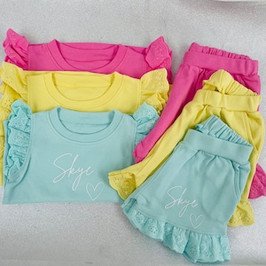 Cute Girls Personalised Tshirt and Shorts set, Girls summer outfit, Girls summer clothing set, matching Tshirt and shorts set