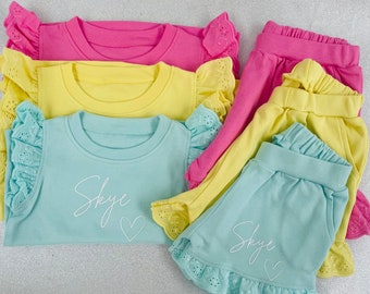 Cute Girls Personalised Tshirt and Shorts set, Girls summer outfit, Girls summer clothing set, matching Tshirt and shorts set