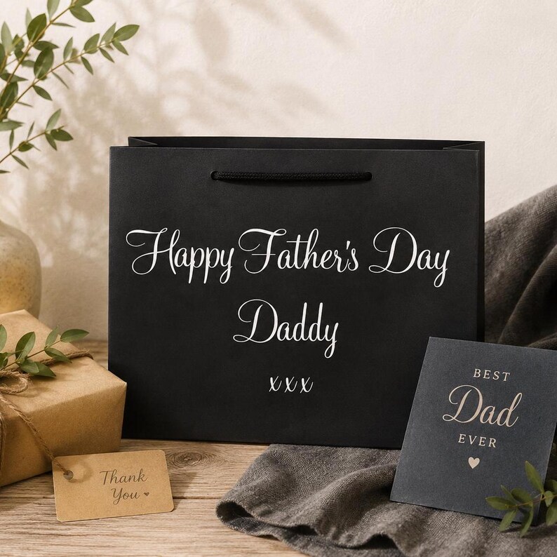 May include: A black gift bag with the text "Happy Father's Day Daddy" in white script. A small card that says "Best Dad Ever" is next to the bag. A wrapped gift and a "Thank You" tag are also visible.