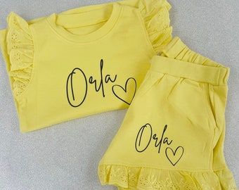 Cute Girls Personalised Tshirt and Shorts set, Girls summer outfit, Girls summer clothing set, matching Tshirt and shorts set