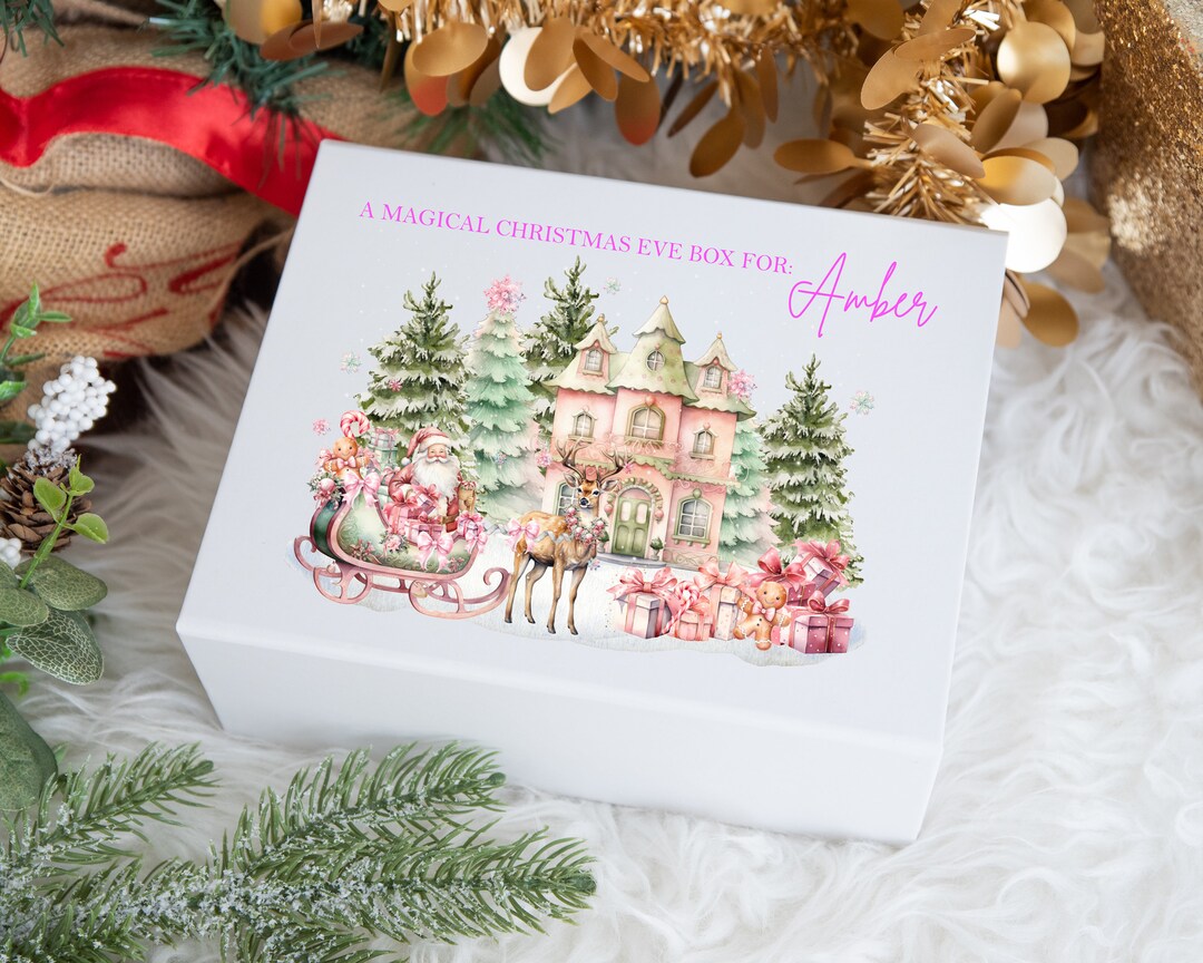 Luxury Personalised Pink Christmas Eve Gift Box, Christmas Forest Scene ...