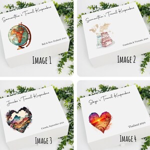 May include: Four white boxes with lids, each featuring a different travel-themed design. The boxes are labeled with the names "Samantha's Travel Keepsakes", "Jacobs's Travel Keepsakes", "Skye's Travel Keepsakes", and the text "Bali & New Zealand, 2024", "Cambodia & Vietnam, 2024", "Canada, September 2024", and "Thailand 2024".