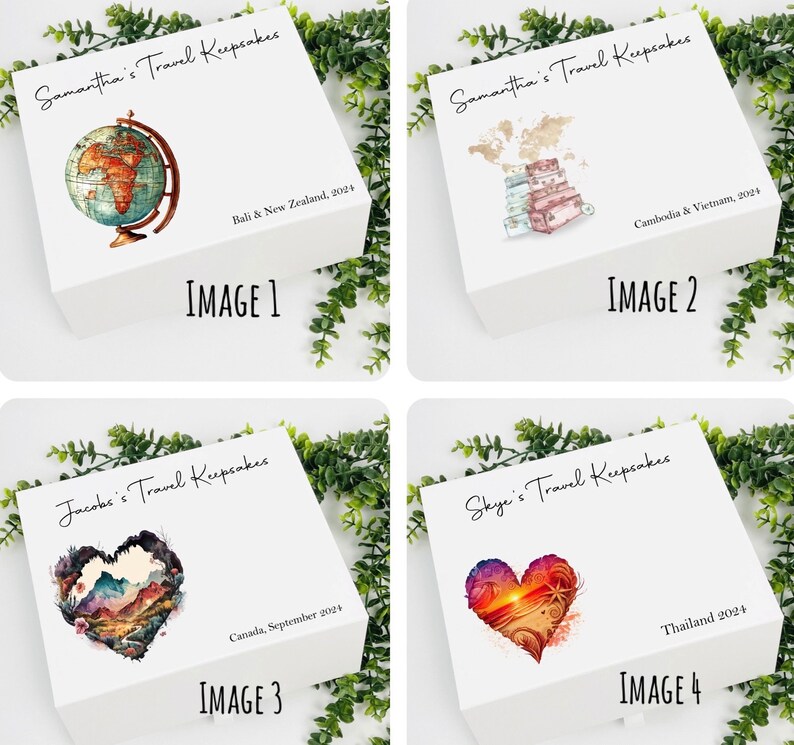 May include: Four white boxes with lids, each featuring a different travel-themed design. The boxes are labeled with the names "Samantha's Travel Keepsakes", "Jacobs's Travel Keepsakes", "Skye's Travel Keepsakes", and the text "Bali & New Zealand, 2024", "Cambodia & Vietnam, 2024", "Canada, September 2024", and "Thailand 2024".