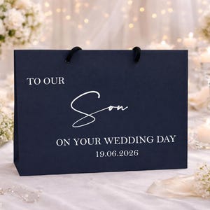Personalisierte Sohn Braut Geschenktasche, für unseren Sohn an Ihrer Hochzeitstag Geschenktasche, Hochzeitsmorgen Geschenktasche Sohn Bräutigam Geschenktasche