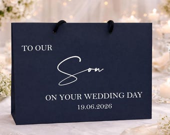 Bolsa de regalo personalizada para el hijo de la novia, bolsa de regalo para nuestro hijo en el día de su boda, bolsa de regalo para la mañana de la boda, bolsa de regalo para el hijo del novio
