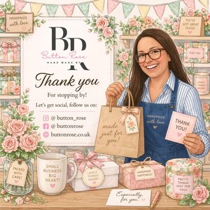 May include: An illustration featuring a woman holding a shopping bag and a thank you card. The bag reads "made just for you!" and the card says "Thank You!". The image includes gift boxes, a mug, and a jar with the text "Packed with Care!" and "Small Business Big Heart!"