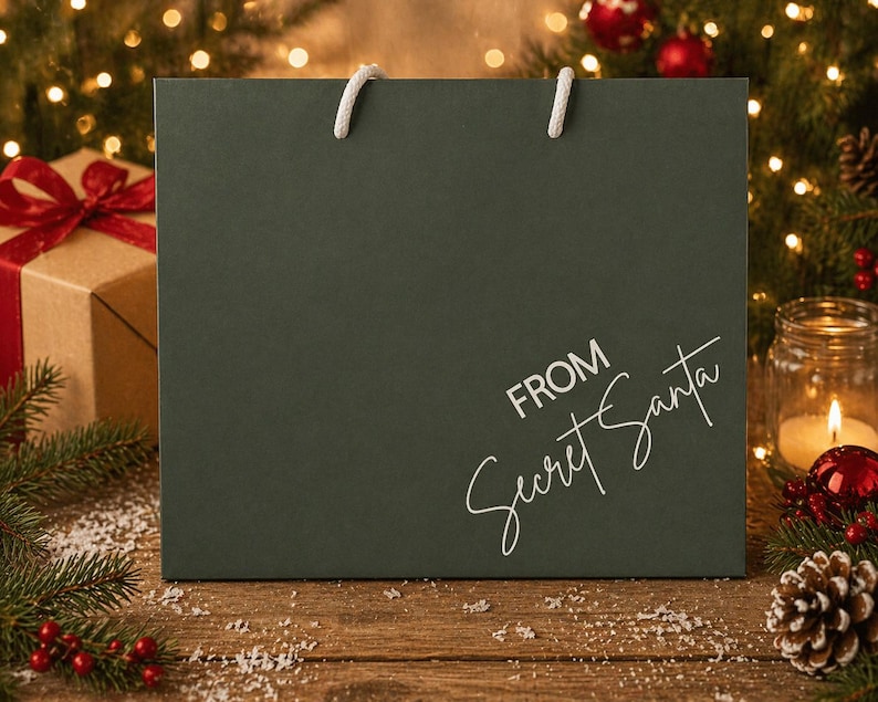 May include: A dark green gift bag with white rope handles, featuring the text "FROM Secret Santa" in a handwritten style. The bag is on a wooden surface, surrounded by Christmas decorations, including a lit candle, ornaments, and a gift box.