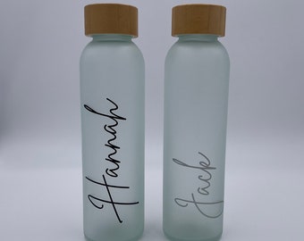 Personalised Frosted Glass Drinks Bottle, Bamboo Screw Top Lid Glass Bottle, BPA Free Reusable 500ml Glass Drinks Bottle