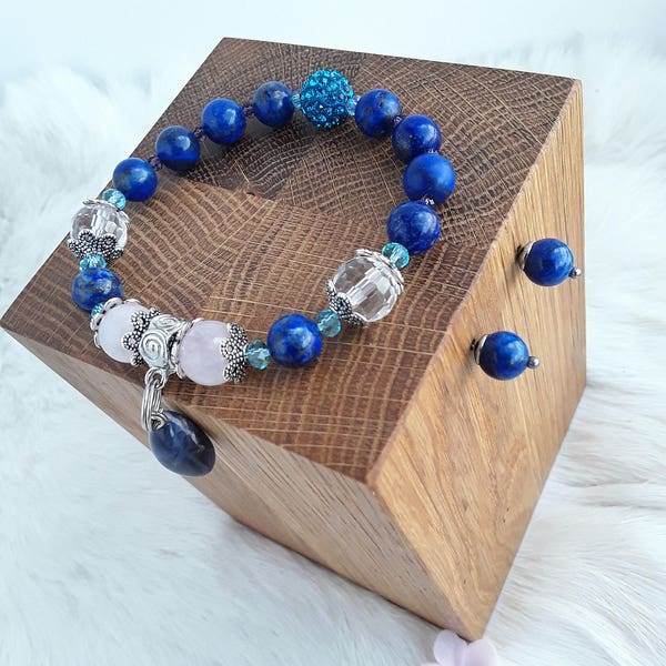 Blaue Lapislazuli Armband, Rosenquarz Perlen, klar Quarz, Antistress Armband, Yoga Armband, Geschenk für sie, Weihnachtsgeschenk, Sternzeichen Waage