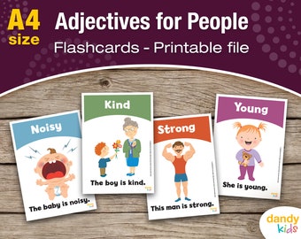 Adjectives for People Flashcards / A4 / Printable Flashcards / Set of 16 / Educational Flashcards