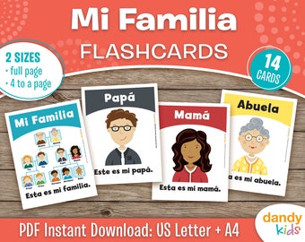 Mi Familia Flashcards, Printable Spanish Familia Flashcards, Homeschool Activity, Toddler Flashcards, ESL Flashcards