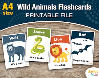 Wild Animals Flashcards / A4 / Printable Flashcards / Set of 16 / Educational Flashcards
