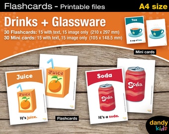 Drinks + Glassware Flashcards / Drinks / A4 / Printable Flashcards / Set of 15 / Educational Flashcards