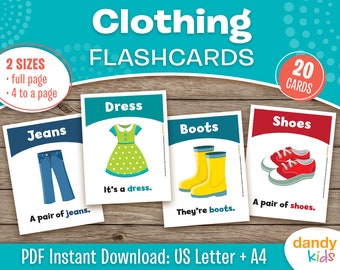 Clothing Flashcards, Printable Clothing Flashcards, Homeschool Activity, Toddler Flashcards, ESL Flashcards