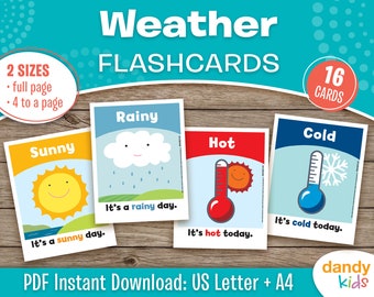 Weather Flashcards, Printable Weather Flashcards, Homeschool Activity, Toddler Flashcards, ESL Flashcards