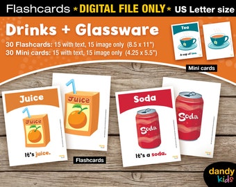 Drinks + Glassware Flashcards / Drinks / Printable Flashcards / Set of 15 / Educational Flashcards