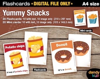 Set of 12 / Yummy Snacks Flashcards / Teaching English / Snacks / A4 / Digital file / Printable Flashcards / Educational Flashcards