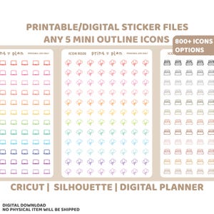 Quaisquer 5 adesivos personalizados de minicontorno para impressão | Download de adesivos de planejador digital | Linhas de corte | Adesivos de planejador para impressão | ICON R000-5