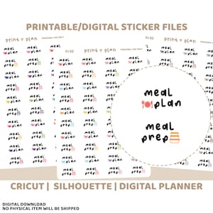 Puede incluir: Archivos de pegatinas digitales imprimibles con las palabras "meal plan" y "meal prep" en una fuente manuscrita. Las pegatinas, diseñadas para planificadores digitales, incluyen líneas horizontales coloridas. La imagen también incluye las palabras "Cricut", "Silhouette" y "Digital Planner".