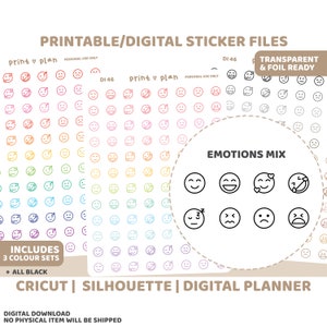 Pegatinas imprimibles con íconos de emociones / Pegatinas para planificador digital / Descarga de pegatinas para planificador digital / Líneas de corte / Pegatinas imprimibles para planificador / DI46